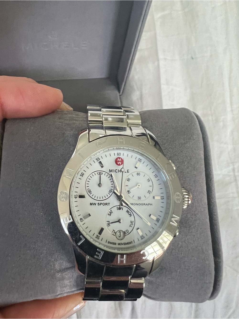Michele Silver White Stainless Steel Chronograph Watch